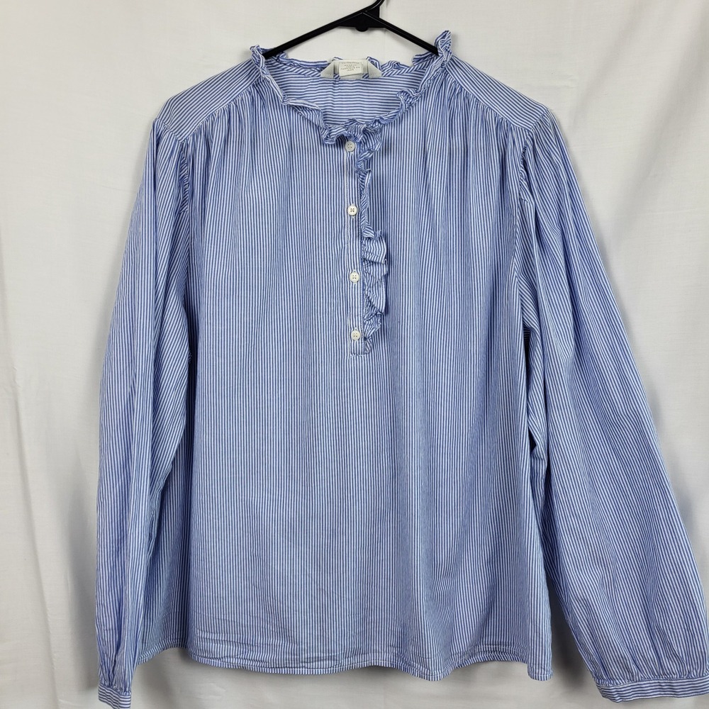 HM Womens Blue White Striped Ruffle Collar Long‎ Sleeve Cotton Blouse Large 631